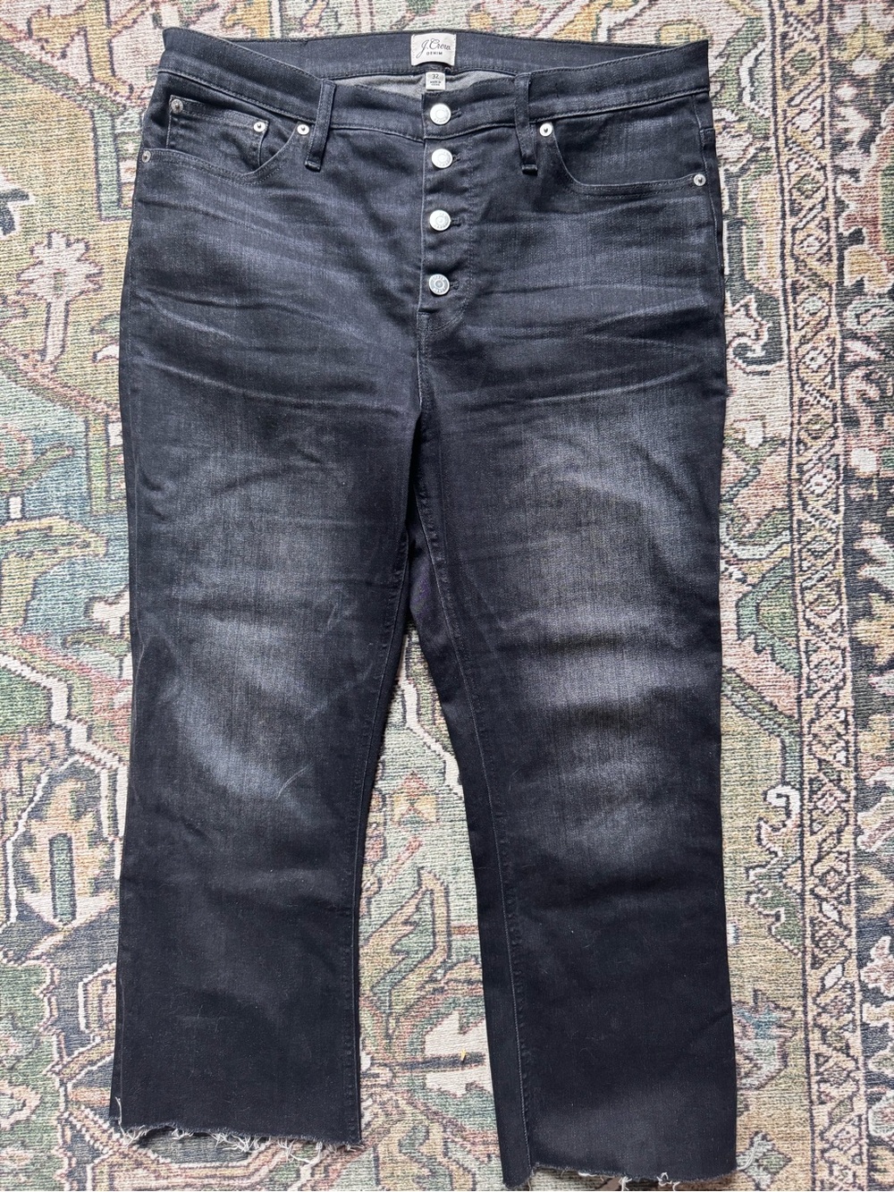 J.Crew Black Demi-boot ankle crop jeans button fly raw hem detail Women’s 32